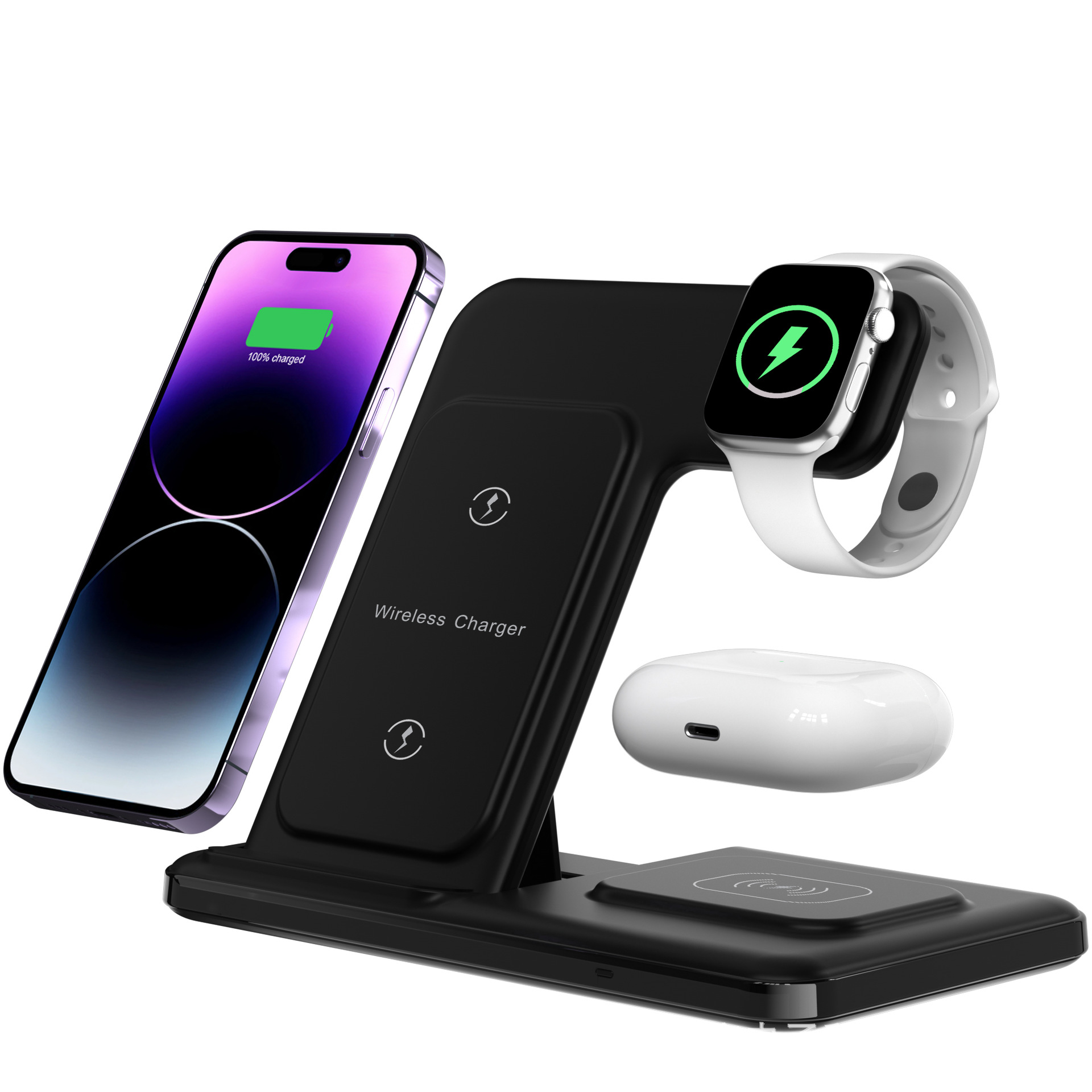 The cross-border 15W fast charging foldable three-in-one wireless charger is suitable for iphones, watches and headphones full figure