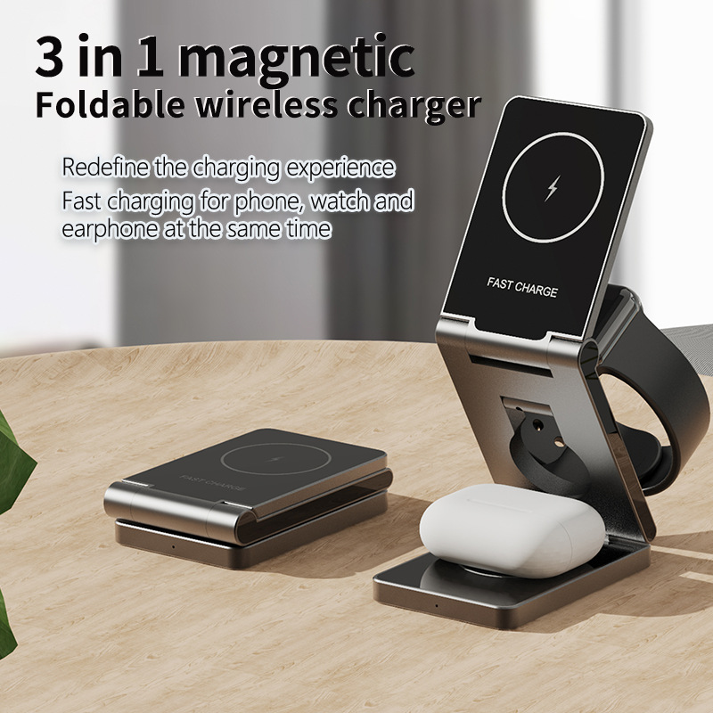 Magsafe15PM multi-functional aluminum alloy watch wireless charging metal three-in-one folding wireless charger full figure