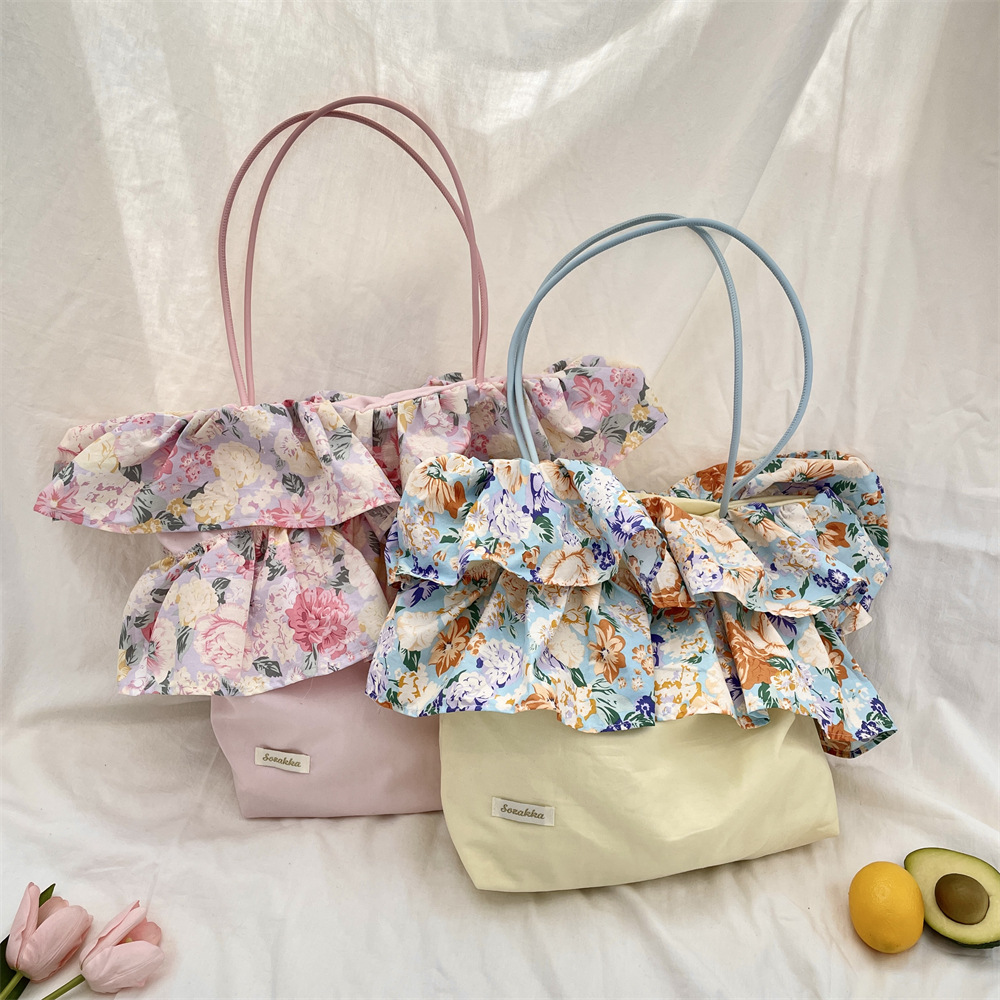 5423 New retro rose floral patchwork single-shoulder bag, women's ruffled large-capacity commuter hand-held armpit bag Specification drawing
