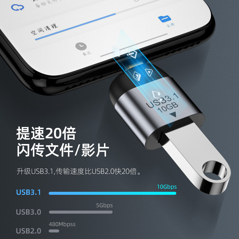 USB3.1 to TYPE-C adapter, high-speed audio and video charging data conversion head, 10gbps converter Specification drawing