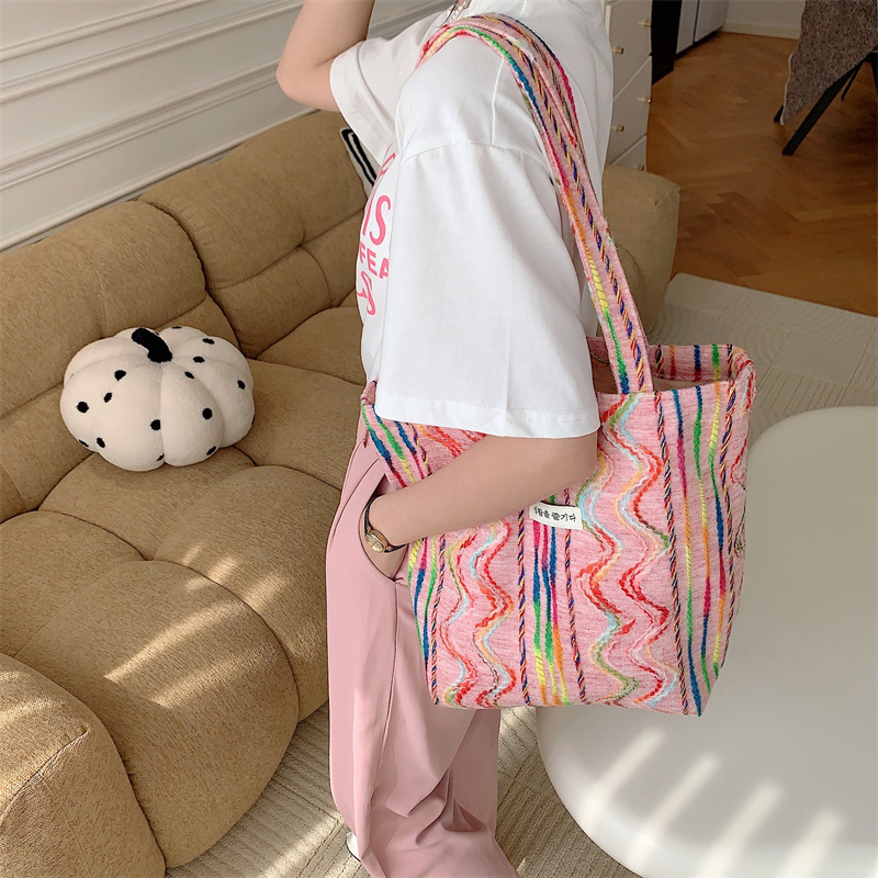 33182 New heavy-duty embroidered underarm bag, thick rainbow striped canvas bag, large-capacity women's handbag Specification drawing