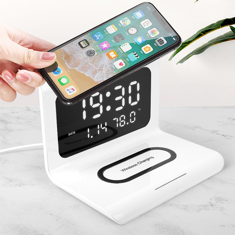 Desktop alarm clock, wireless charger, multi-functional charger, clock function, three-in-one clock, wireless charging, cross-border details Picture