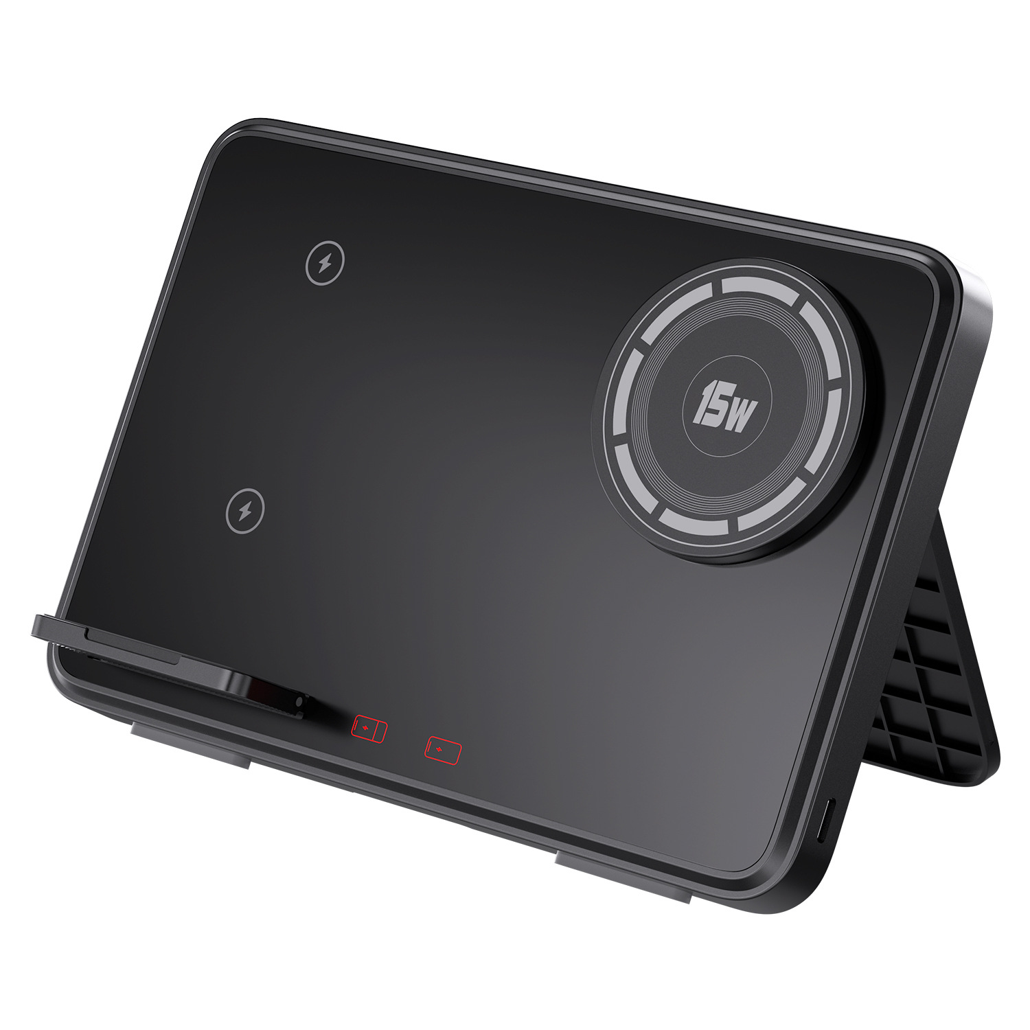 The cross-border magnetic stand four-in-one wireless charger supports dual mobile phones, headphones and watches. It is a wireless charger with a light full figure