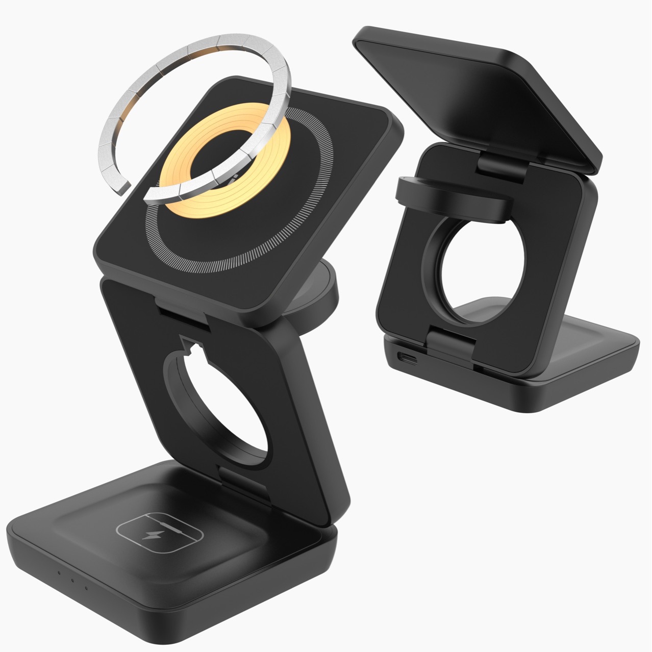 The three-in-one folding magnetic wireless charger is suitable for wireless charging of desktop iphones, Airpods and iwatch full figure