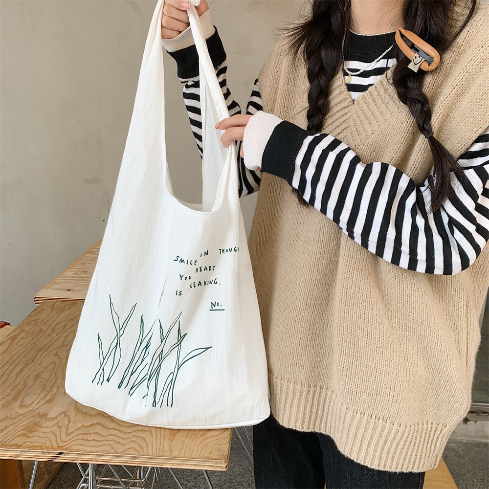 22274 Fresh printed small green leaf lace-up vest bag, large-capacity canvas bag, student schoolbag for class, casual bag full figure