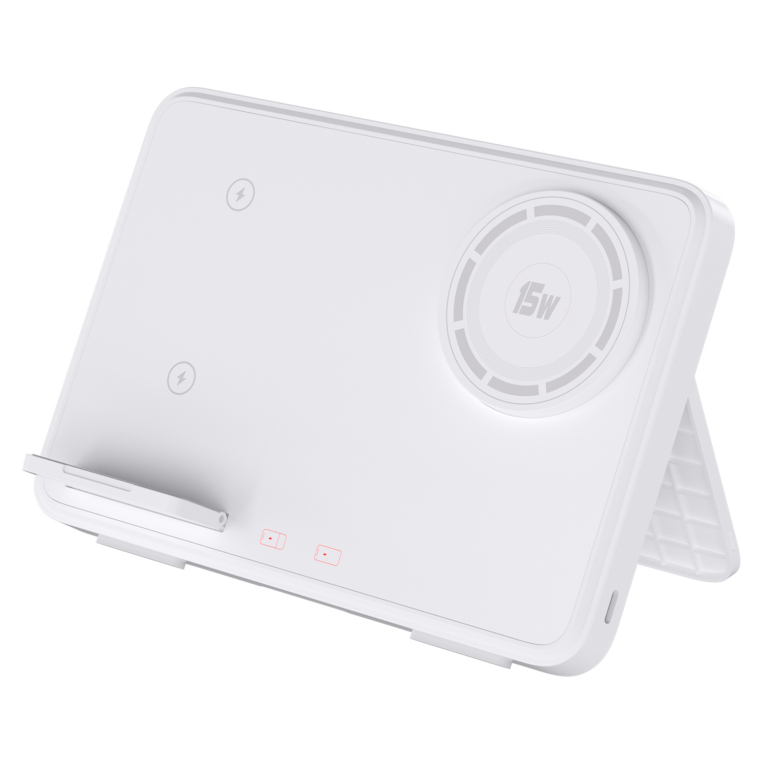 The cross-border magnetic stand four-in-one wireless charger supports dual mobile phones, headphones and watches. It is a wireless charger with a light Item Picture