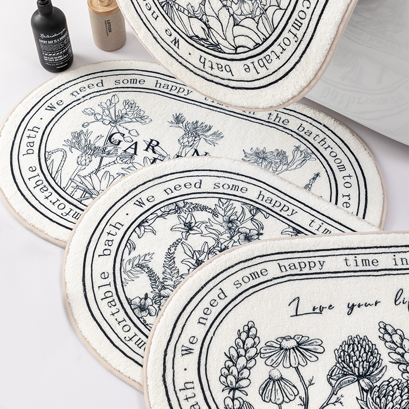 Oval-shaped faux cashmere printed floor mat for bathroom feet, water-absorbing and anti-slip floor mat, versatile and simple bathroom floor mat details Picture