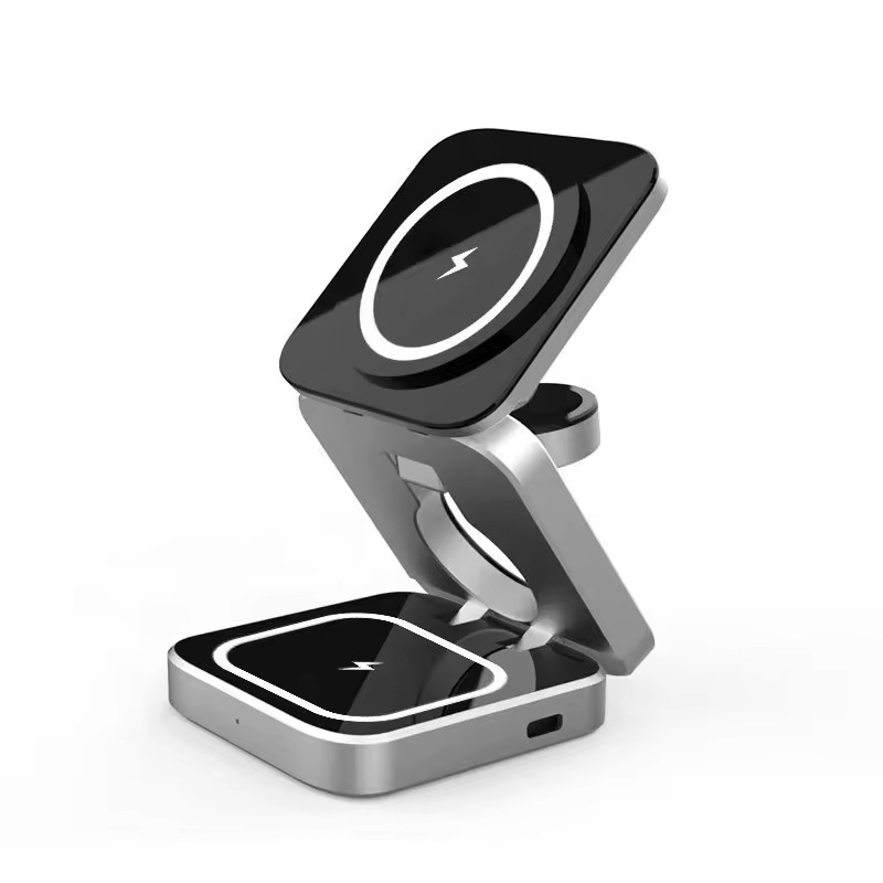 New cross-border three-in-one magnetic wireless charger, fast charging for mobile phones, folding stand, wireless charging for headphones and watches Item Picture