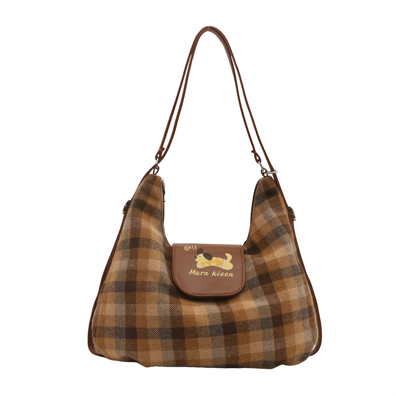 Korean cartoon puppy backpack for women, 2024 New style college checkered Tote bag, casual large-capacity single-shoulder bag Item Picture