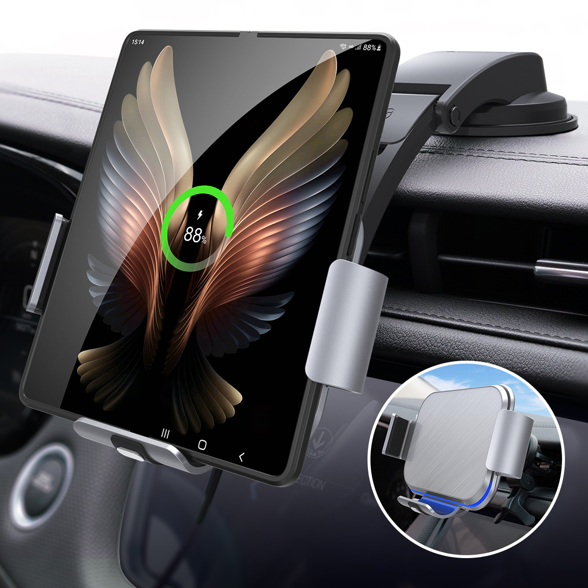 Cross-border best-selling wireless charging car stand for Samsung Fold6, Huawei mateX6 and Xiaomi foldable screen Application Scenario