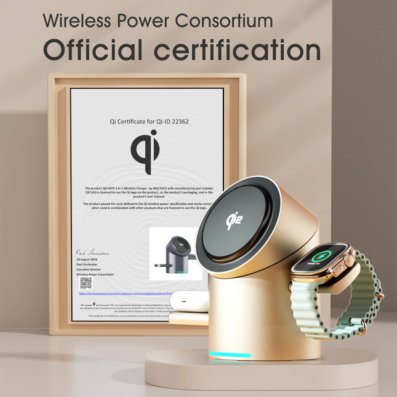 The new qi2 rotating wireless charger magnetic attachment mobile phone, iwatch watch and earphone three-in-one fast charging base details Picture