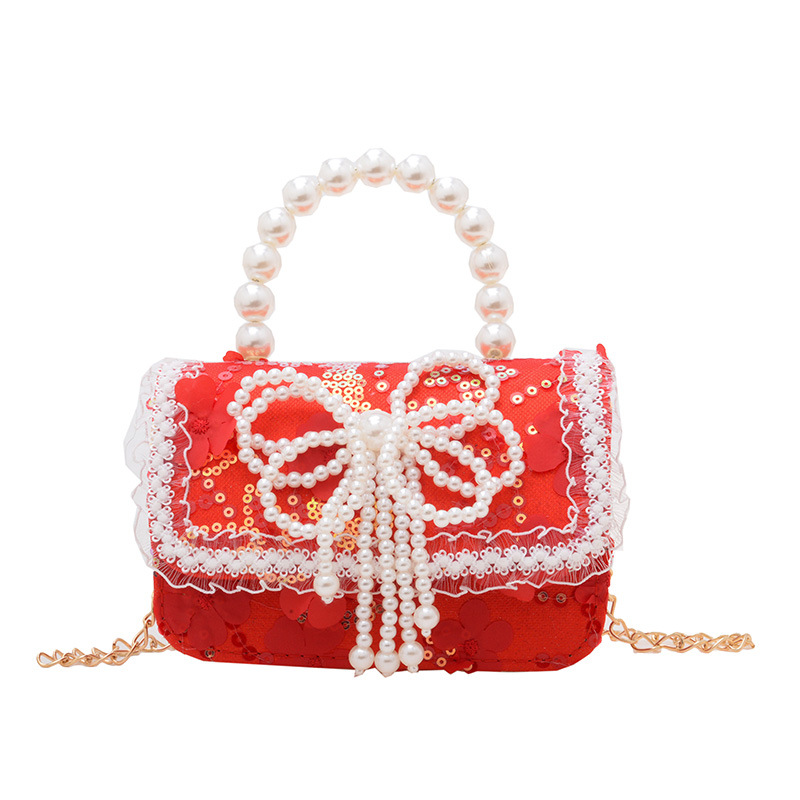 New Year's bright red small chanel-style children's pearl handbag, cute bow chain bag for babies, girls' coin purse Item Picture