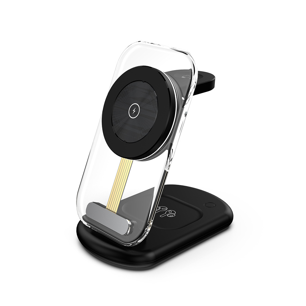 The new transparent folding magnetic three-in-one wireless charger is suitable for Apple 15/14/13/12 mobile phones and watch lugs Specification drawing