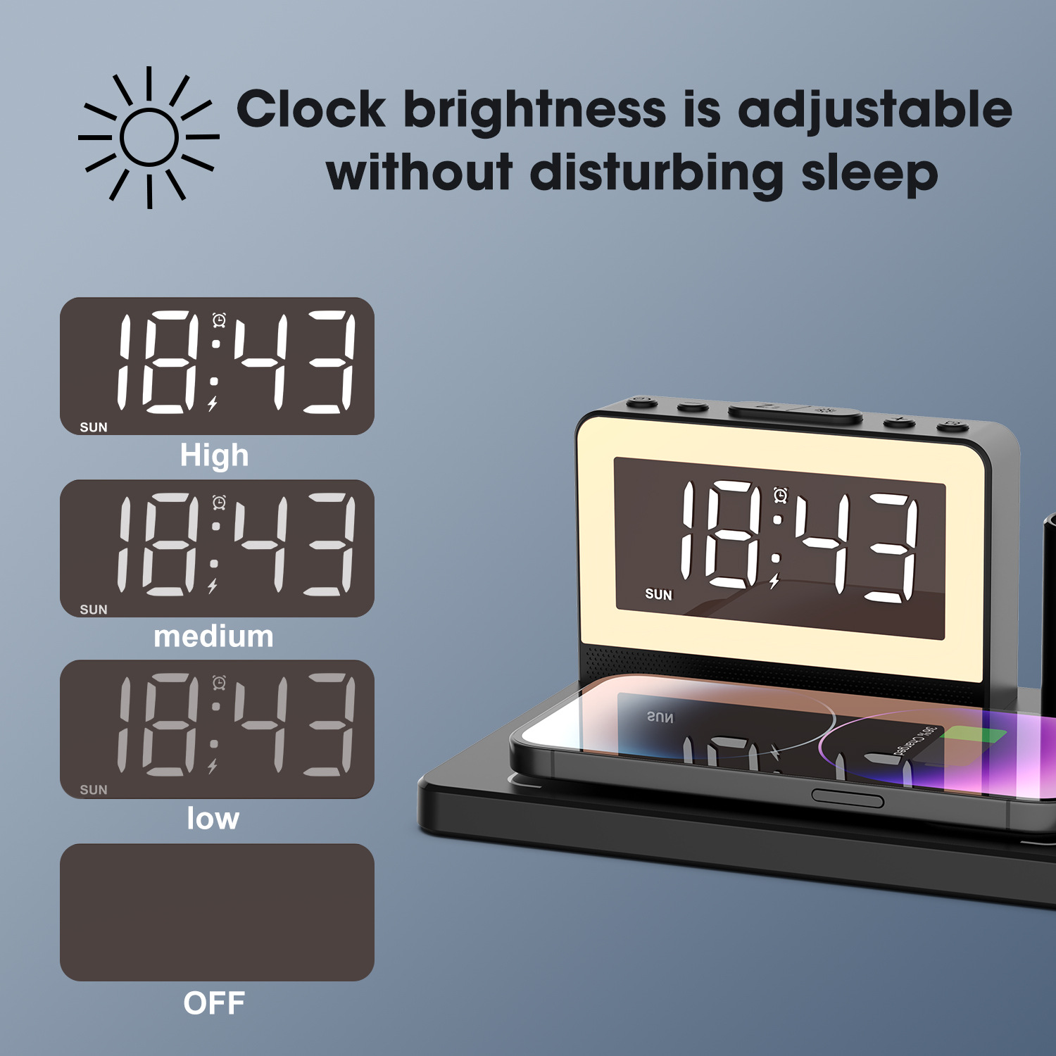 The multi-functional five-in-one wireless charger with 15W wireless charging supports alarm clocks and seven-color night lights, suitable for use Item Picture