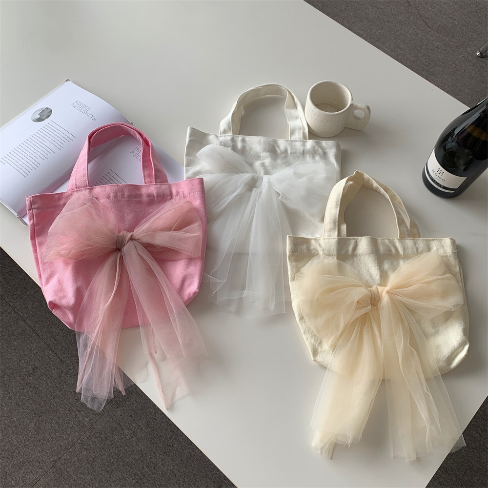 1631 Sweet bow mesh paired with a handbag, canvas bento bag, outdoor tote bag, student storage bag full figure
