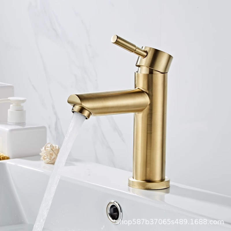 304 brushed gold faucet, stainless steel, simple and luxurious bathroom basin, hot and cold washstand, single handle, single hole basin full figure