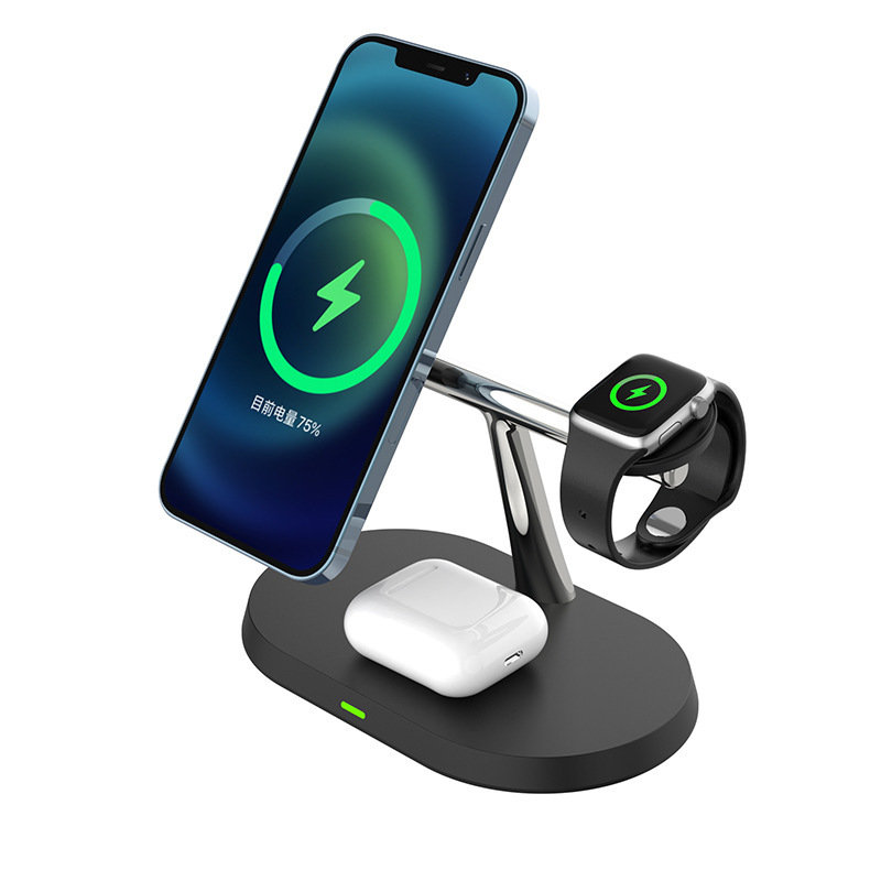 The three-in-one wireless charger is suitable for magnetic charging of iphones and Huawei phones, as well as wireless chargers for headphones and watches full figure
