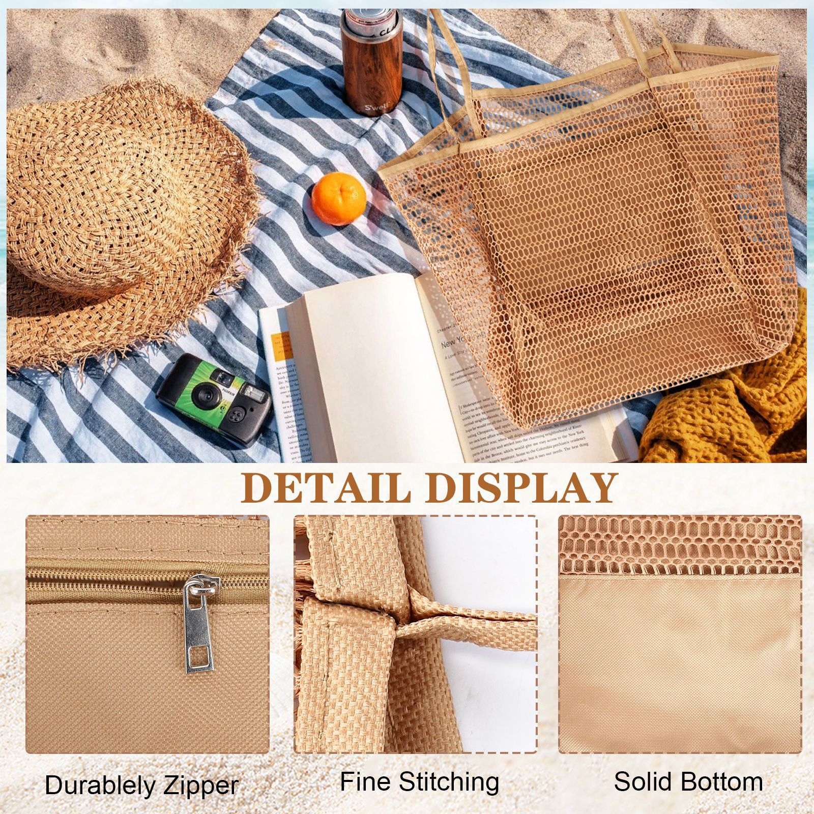 Feihong Cross-border folding beach bag, mesh large capacity handbag, high appearance level single-shoulder bag, summer outdoor travel bag Specification drawing