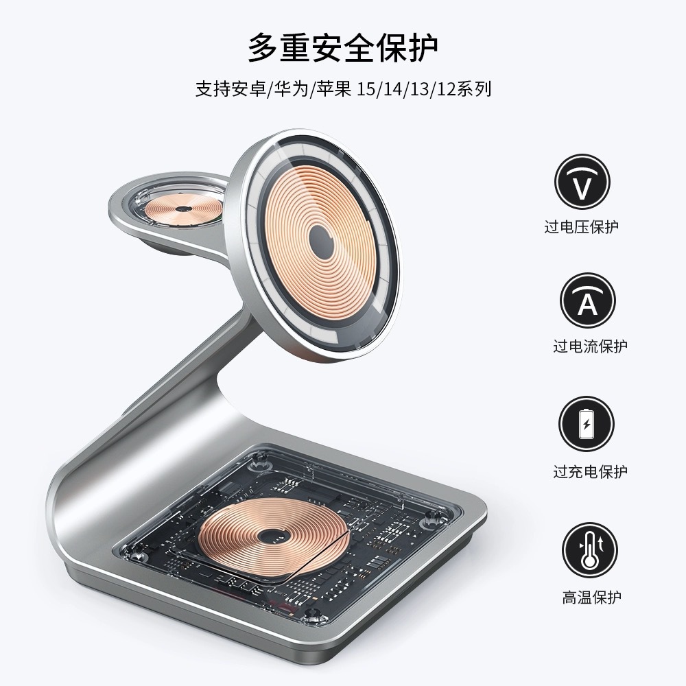 The Magsafe metal three-in-one magnetic wireless charger is suitable for fast charging with magnetic stands of Apple, Huawei and Samsung details Picture