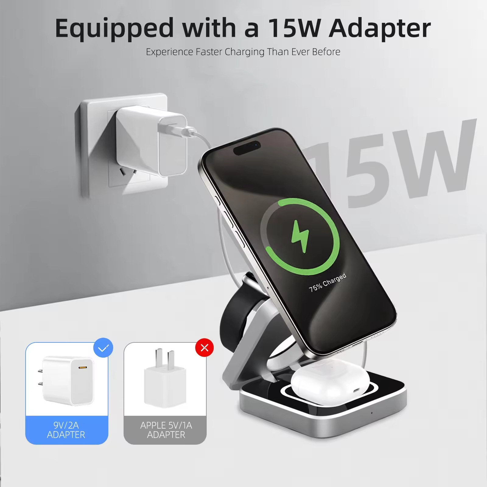 New cross-border three-in-one magnetic wireless charger, fast charging for mobile phones, folding stand, wireless charging for headphones and watches Application Scenario