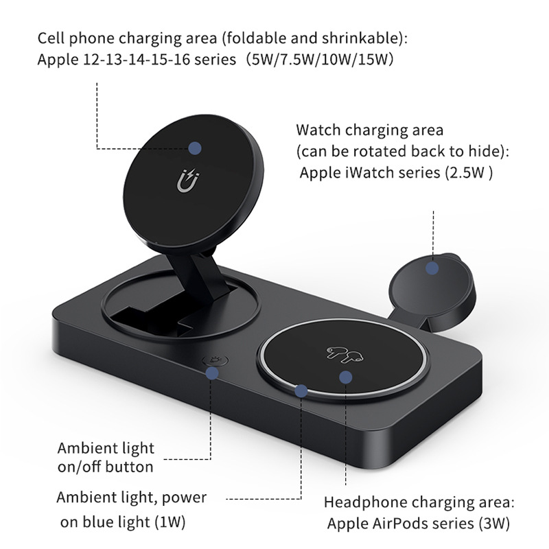 The manufacturer's new magnetic triple-stack/multi-in-one wireless charger, night light wireless charging stand, fast charging wireless charging Specification drawing