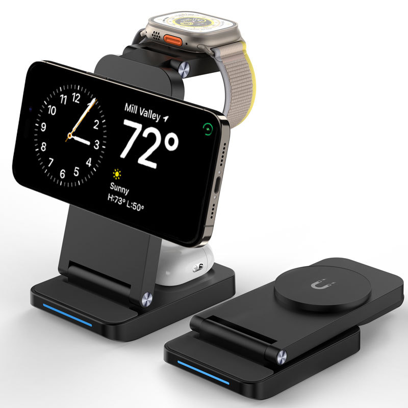 This 3-in-1 magnetic folding portable fast charging device for Apple wireless charger is suitable for wireless charging of mobile phones, headphones and watches Item Picture