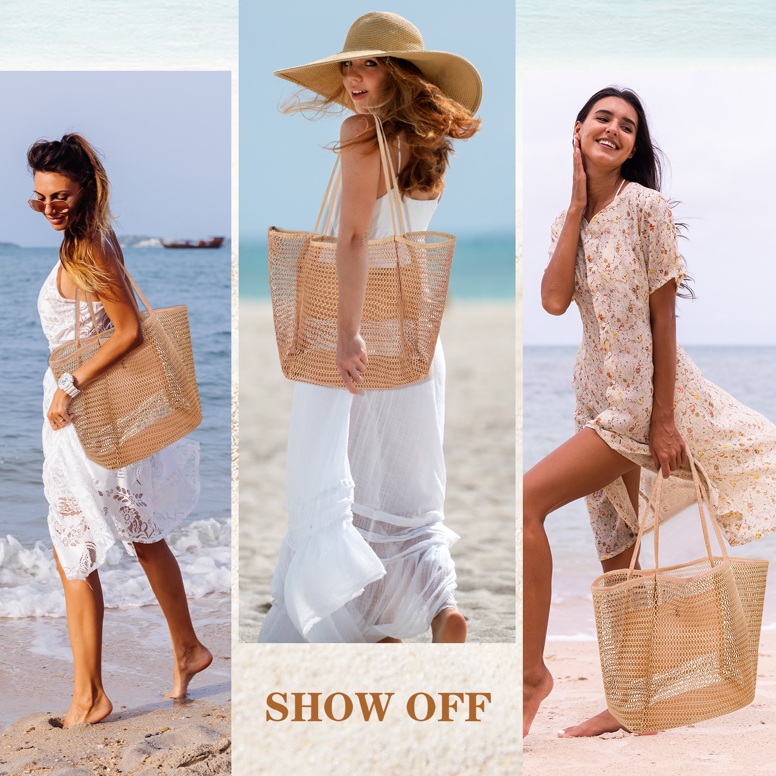 Feihong Cross-border folding beach bag, mesh large capacity handbag, high appearance level single-shoulder bag, summer outdoor travel bag details Picture