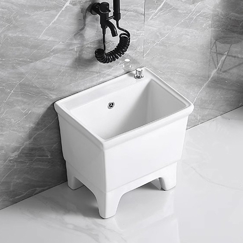 Ceramic mop basin, four-legged floor-standing mop sink, countertop drainage mop sink, balcony floor mop basin, Meijia Sanitary Ware 202 Application Scenario