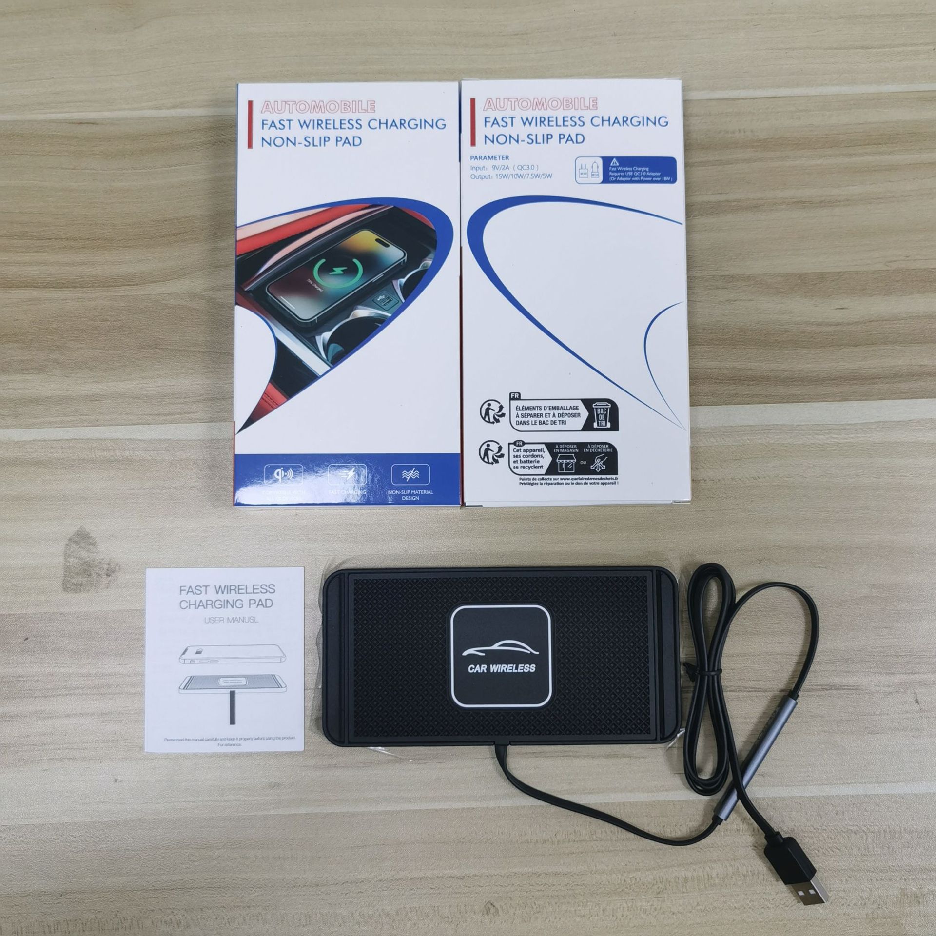 The car wireless charger is suitable for Apple and Huawei mobile phones, wireless car charging, desktop anti-slip pad and wireless charging pad Specification drawing
