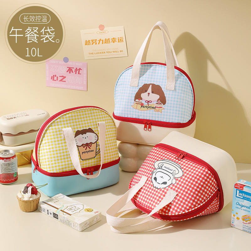 New double-layer cartoon checkered bento bag, office lunch box, handbag, bento insulated bag, student lunch box bag full figure