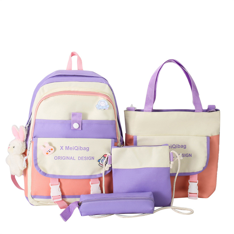 New backpack for girls, a large-capacity, lightweight and casual backpack for primary and junior high school students. Four-piece set of buns and mother bags, trendy Item Picture