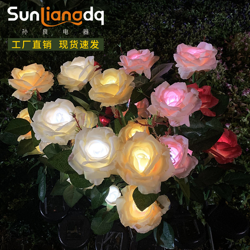 Cross-border outdoor solar flower lights, 3-head and 5-head rose garden lights, ground plug lawn lights, landscape manufacturer in stock full figure