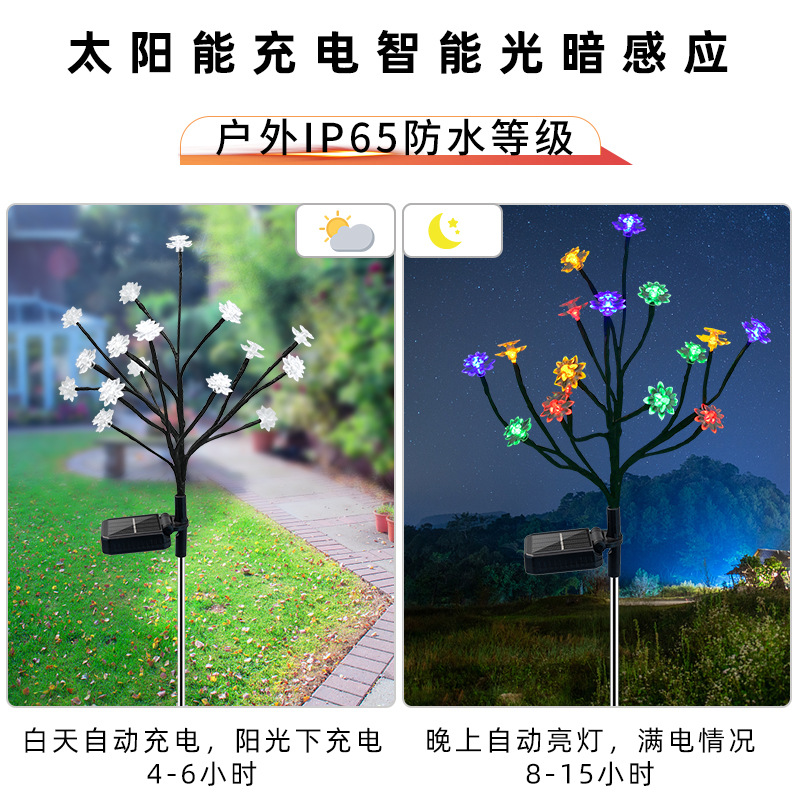 Solar-powered branch lotus lamps, outdoor garden lamps, led color ground insert landscape garden lamps, decorative lamps, lawn lamps details Picture