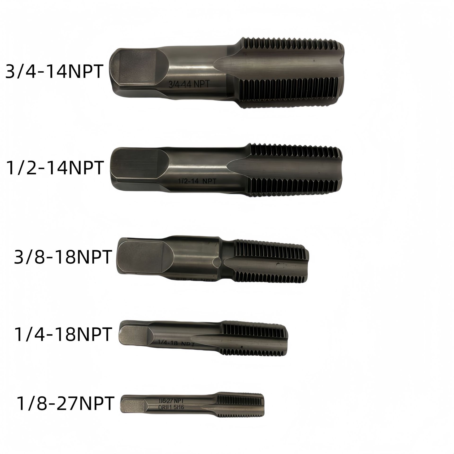 5-piece NPT tap set, pipe thread repair tool, 5-piece tap bearing steel Specification drawing