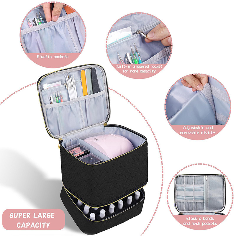 Cross-border best-selling double-layer storage and height-increasing cosmetic bag, large-capacity portable toiletries bag, cosmetic bag, nail polish storage bag details Picture