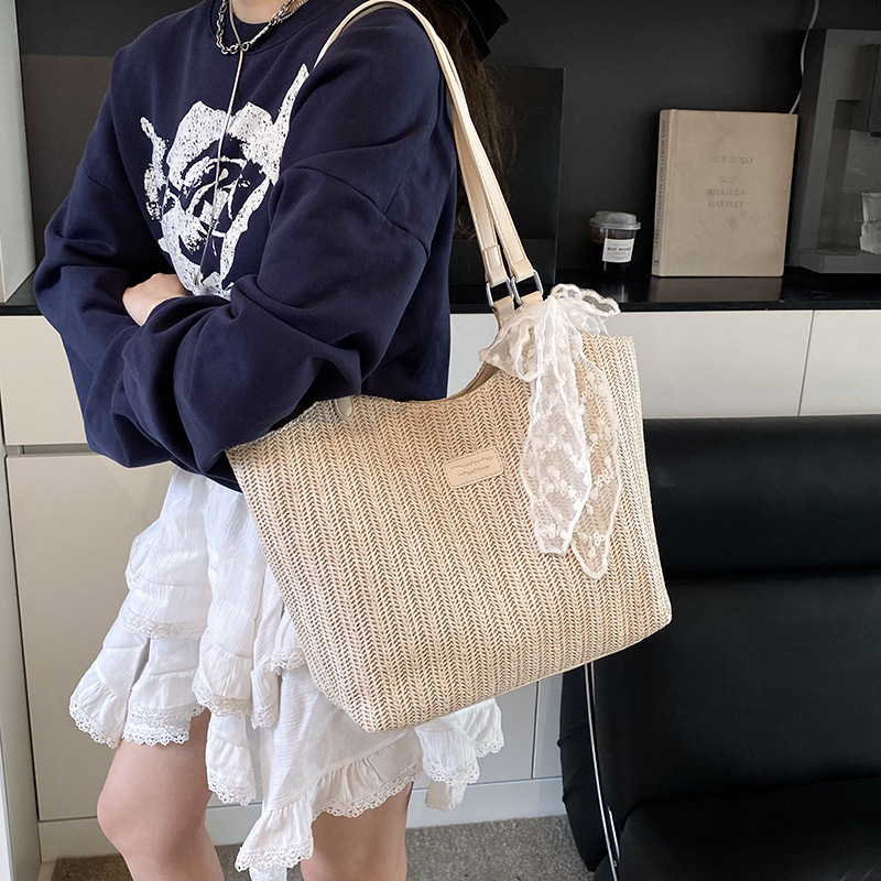Woven straw bag for women, large capacity 2025 new summer versatile shoulder bag, textured tote bag for class and commuting details Picture