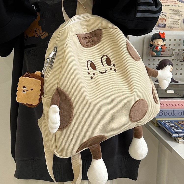 Cute and simple cheese anti-theft backpack for women in autumn and winter, high-end texture corduroy bag schoolbag, high-end feel, soft bag details Picture