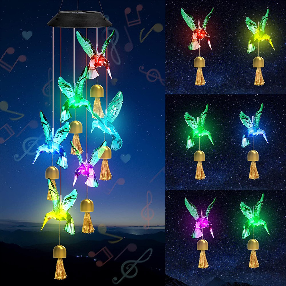 New outdoor solar wind chime metal bell LED hummingbird butterfly eva ball wind chime garden lamp decorative light Specification drawing