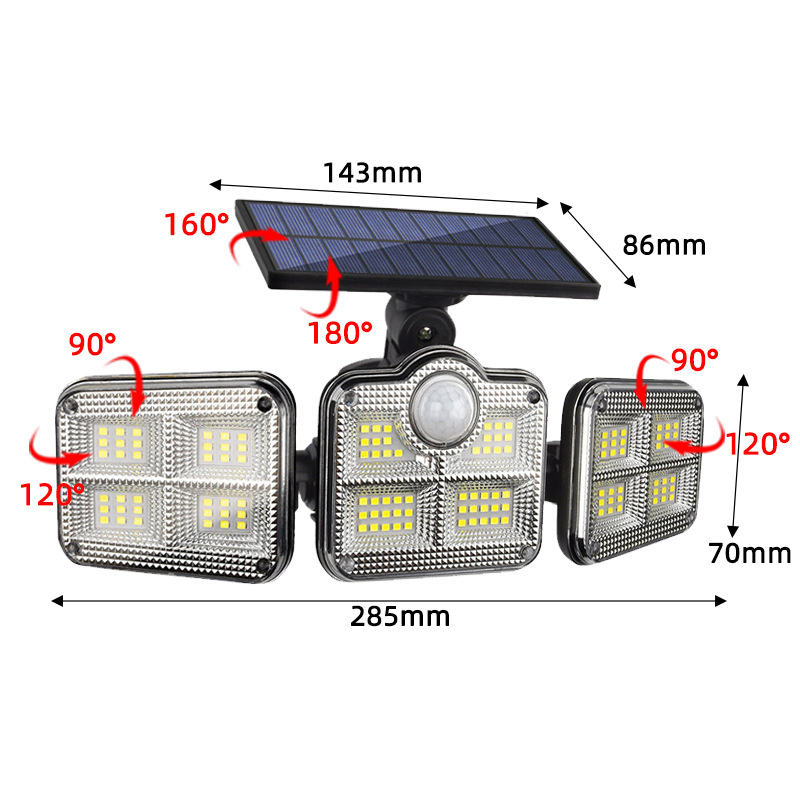 Cross-border solar outdoor garden lamps, ultra-bright human body sensor lamps, LED three-head lighting, waterproof outdoor wall lamps Item Picture