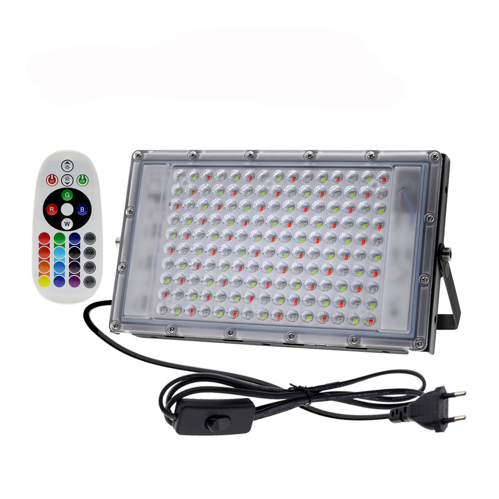 Cross-border new outdoor landscape lighting 100W seven-color RGB floodlight strip remote-controlled color-changing led floodlight Item Picture