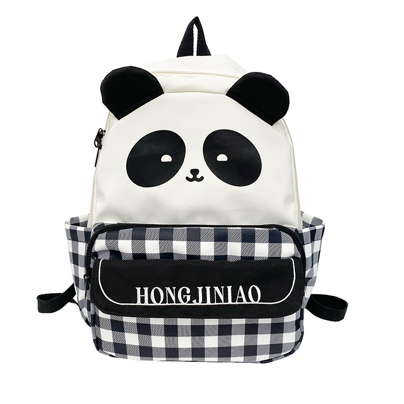 New checkered versatile casual girl backpack, cute cartoon panda schoolbag, girls' primary and junior high school students' backpack Item Picture