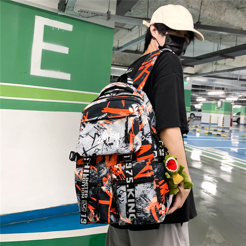 Backpack, large capacity, graffiti trend, student travel computer, female couple camouflage schoolbag, male junior high school student backpack full figure