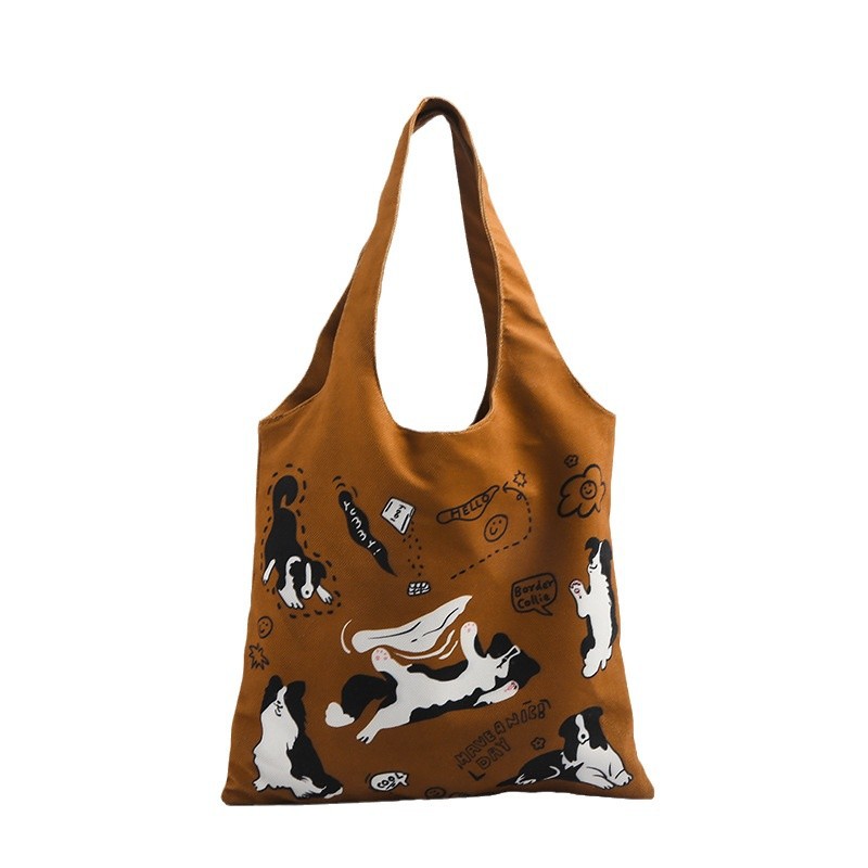 Fashionable single-shoulder bucket bag for women, French high appearance level, cute puppy print bag, large capacity casual fabric bag, underarm bag Item Picture