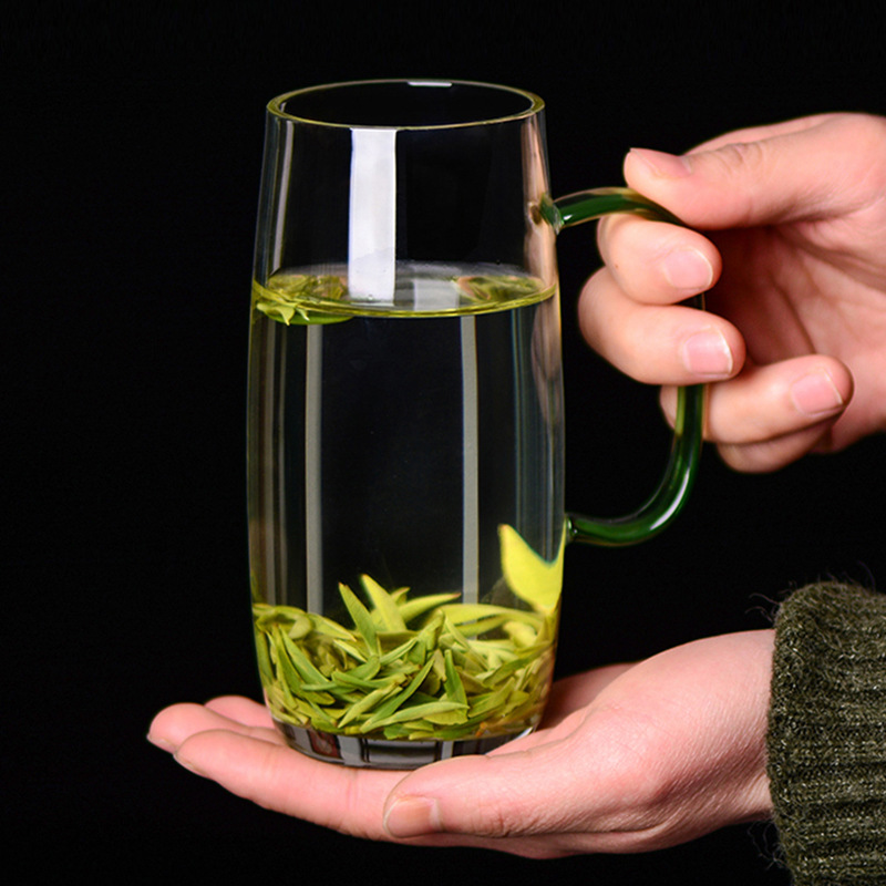 Household high borosilicate glass cups with handles, office water cups for both men and women, green tea cups, Longjing Houkui single-layer cups details Picture