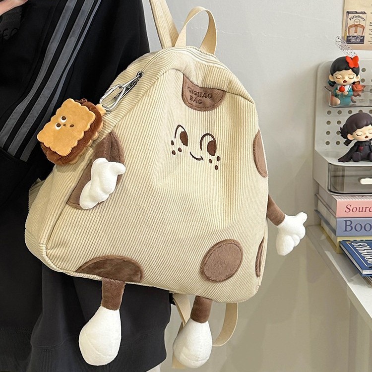 Cute and simple cheese anti-theft backpack for women in autumn and winter, high-end texture corduroy bag schoolbag, high-end feel, soft bag Specification drawing