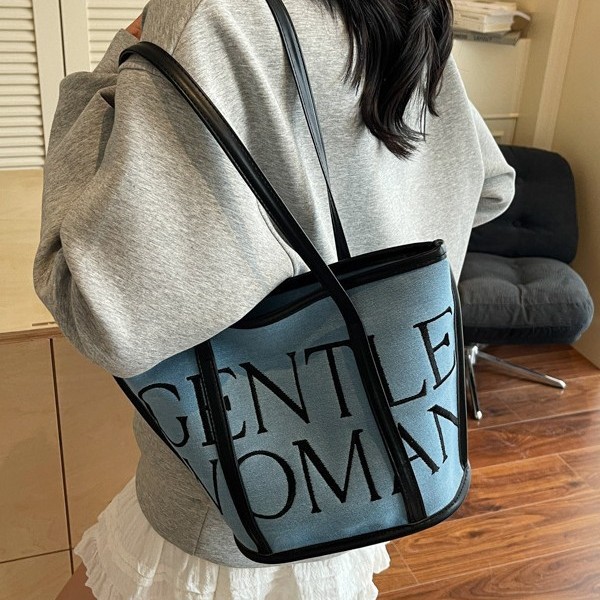 Large-capacity linen single-shoulder bag, tote bag, fashionable embroidered thread letter eye-catching, versatile bucket bag, women's shopping bag for going out Specification drawing