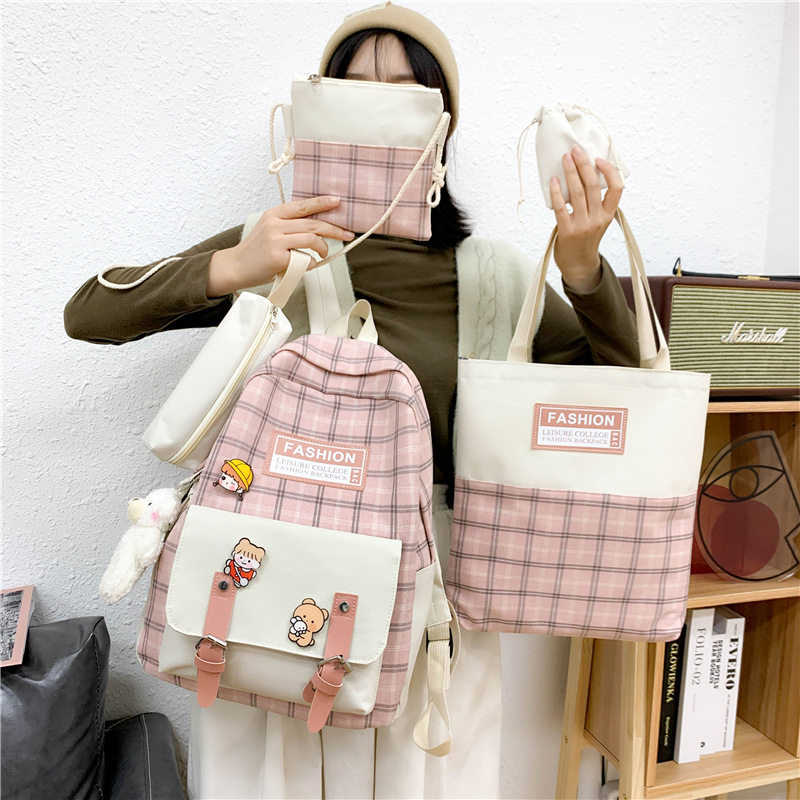New cute checkered middle school schoolbag, girls' five-piece backpack, casual college students' canvas backpack, cross-border Specification drawing