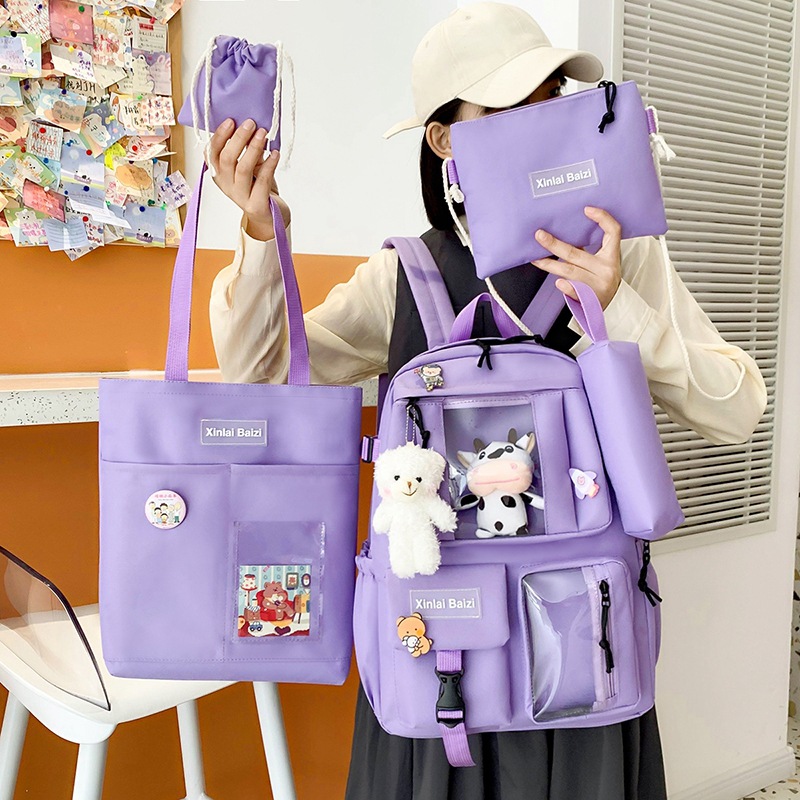 Schoolbag for junior high school and primary school students, Korean forest-themed cute Harajuku backpack, Korean Instagram-style backpack set of five pieces details Picture