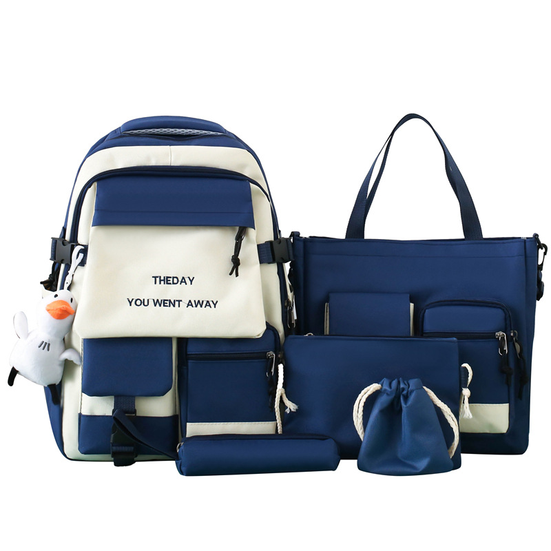 ins High-appearancelevel five-piece schoolbag set, simple and trendy backpack for girls, large-capacity backpack for boys in primary and junior high school Item Picture