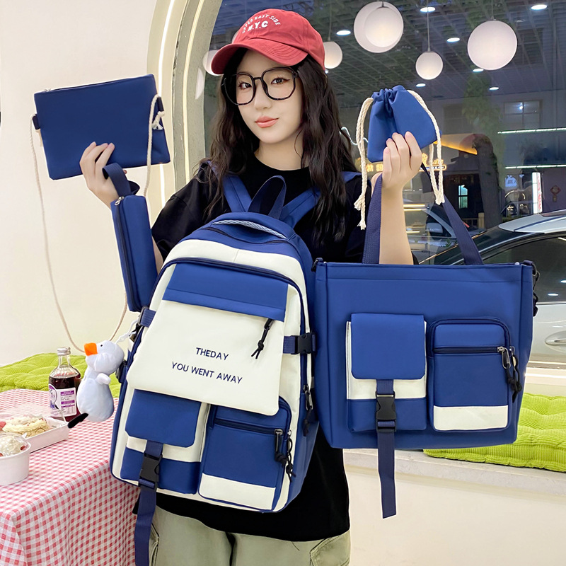 ins High-appearancelevel five-piece schoolbag set, simple and trendy backpack for girls, large-capacity backpack for boys in primary and junior high school details Picture